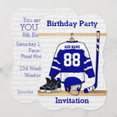 Invitation Jersey d'anniversaire de hockey sur glace bleu et (Devant / Derrière)