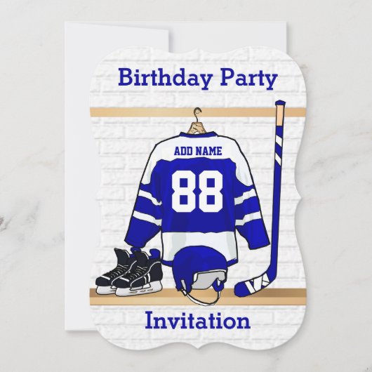 Invitation Jersey d'anniversaire de hockey sur glace bleu et (Devant)
