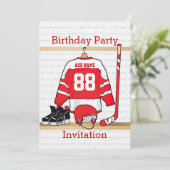 Invitation Jersey d'anniversaire de hockey sur glace rouge et (Debout devant)