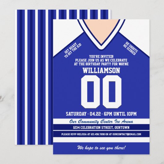 Invitation Jersey de hockey bleu/blanc (Devant / Derrière)