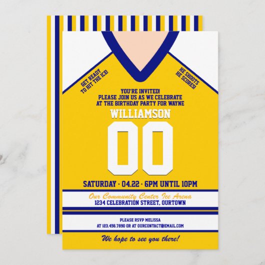 Invitation Jersey de hockey bleu/jaune fête d'anniversaire (Devant / Derrière)