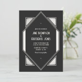 Invitation Jet Black & Ivory Linen Art Deco Wedding Photo (Debout devant)