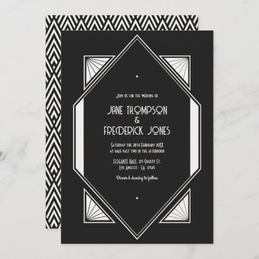 Invitation Jet Black & Ivory Linen Art Deco Wedding Photo (Devant / Derrière)