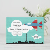 Invitation Jet Plane thème d'anniversaire (bleu) (Debout devant)