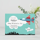 Invitation Jet Plane thème d'anniversaire (bleu) (Debout devant)