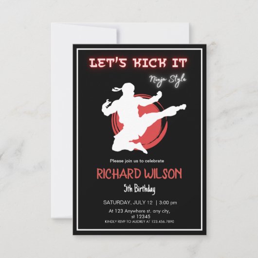 Invitation Jetons-le Ninja | Neon Karate fête d'anniversaire (Devant)
