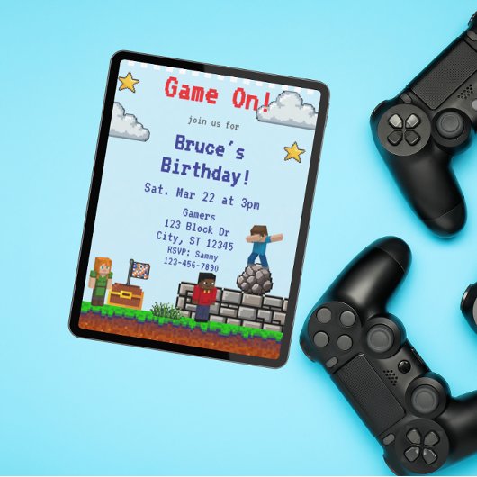 Invitation Jeu activé ! Jeu d'anniversaire Pixel Block