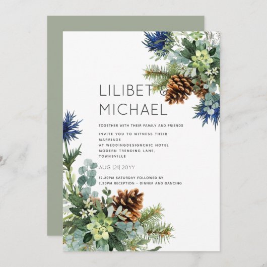 Invitation Jeu bleu d'hiver Eucalyptus Mariage Wonderland (Devant / Derrière)