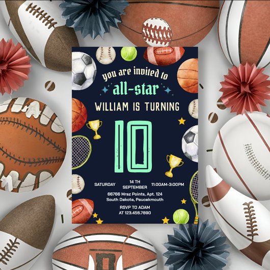 Invitation jeu bleu enfants garçons Sports 10e anniversaire