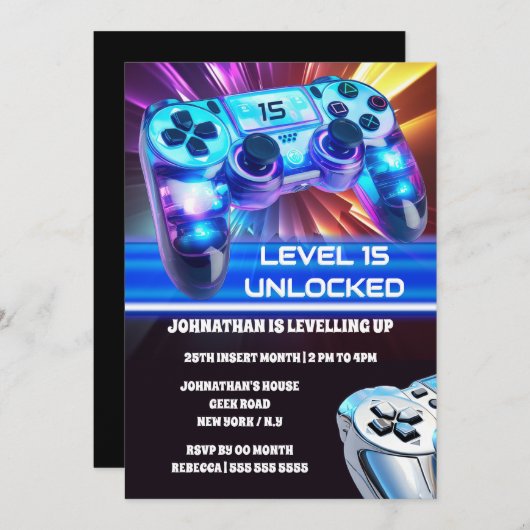 Invitation Jeu contrôleur jeux vidéo neon n'importe quel geek (Devant / Derrière)