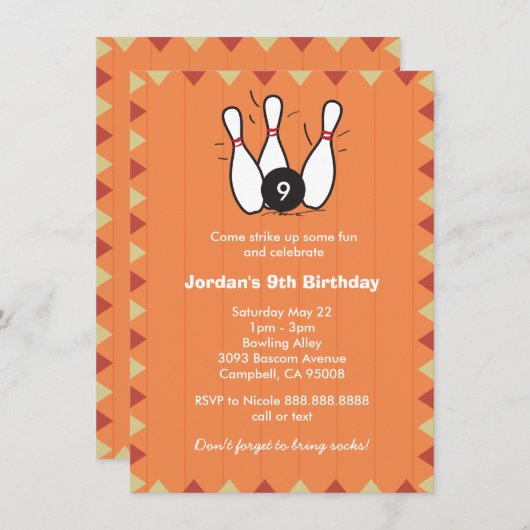 Invitation Jeu d'anniversaire de bowling pour enfants ou adul (Devant / Derrière)