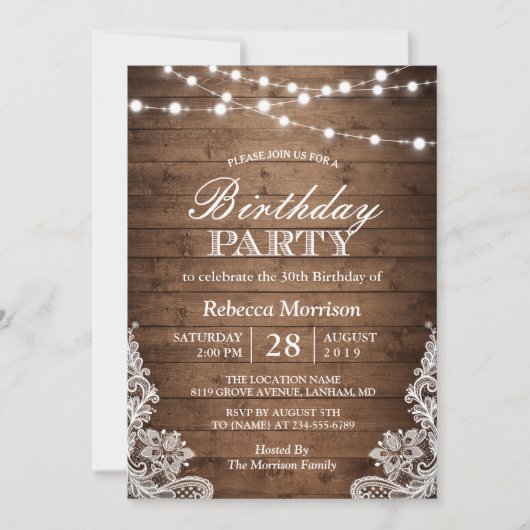 Invitation Jeu d'anniversaire de dentelle rustique (Devant)