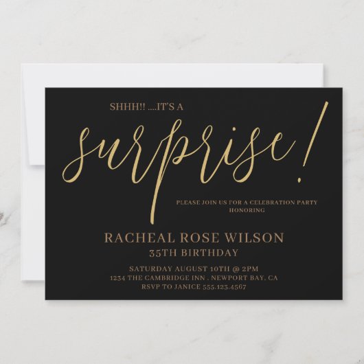 Invitation Jeu d'Anniversaire Noir moderne Script Surprise (Devant)