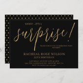 Invitation Jeu d'Anniversaire Noir moderne Script Surprise (Devant / Derrière)