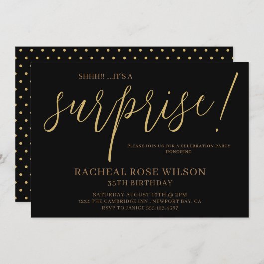 Invitation Jeu d'Anniversaire Noir moderne Script Surprise (Devant / Derrière)