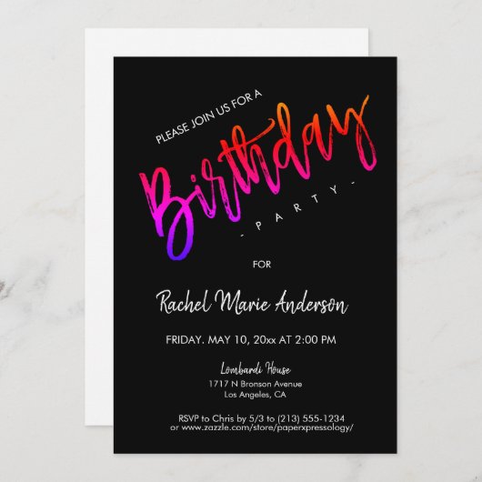 Invitation Jeu d'Anniversaire Personnalisé Noir Neon (Devant / Derrière)
