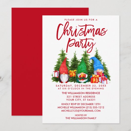 Invitation Jeu d'aquarelle de pinceau rouge Gnomes Noël (Devant / Derrière)