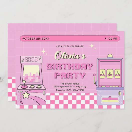 Invitation Jeu d'arcade rose  (Devant / Derrière)