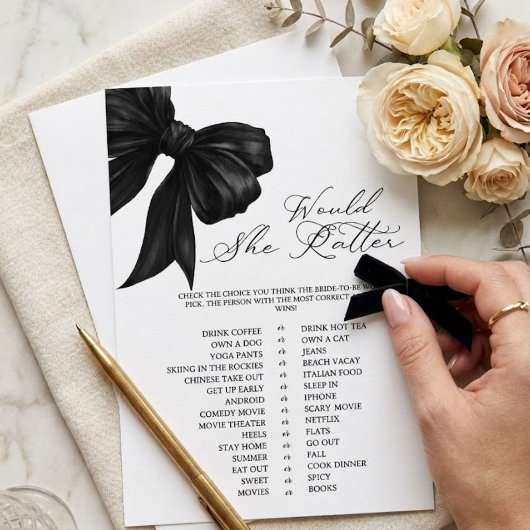 Invitation Jeu de Baby Shower « Black Bow Would She Rather »