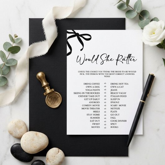 Invitation Jeu de Baby Shower « Black Bow Would She Rather »