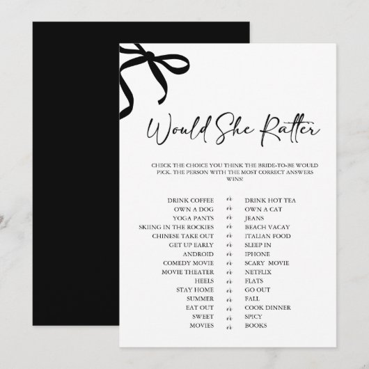 Invitation Jeu de Baby Shower « Black Bow Would She Rather » (Devant / Derrière)