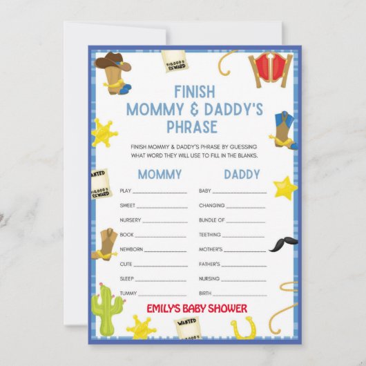 Invitation Jeu de Baby shower Cowboy - Nom modifiable, taille (Devant)