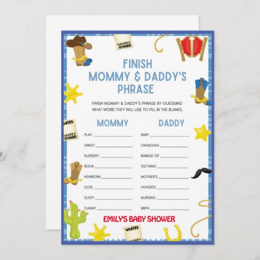 Invitation Jeu de Baby shower Cowboy - Nom modifiable, taille (Devant / Derrière)
