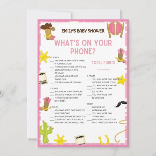 Invitation Jeu de Baby shower Cowgirl - Nom modifiable, taill (Devant)