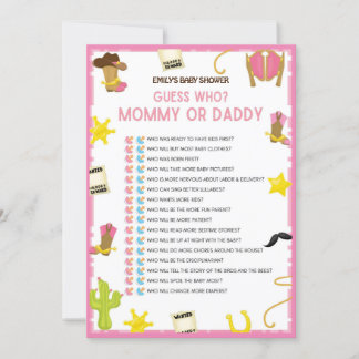Invitation Jeu de Baby shower Cowgirl - Nom modifiable, taill