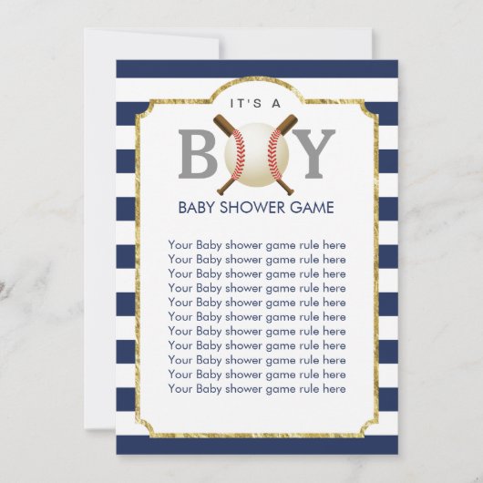Invitation Jeu de Baby shower de baseball Boy Navy Blue Strip (Devant)