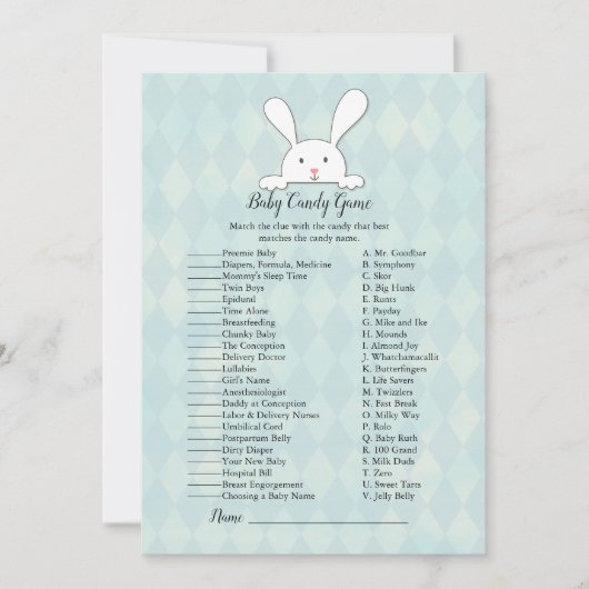 Invitation Jeu de Baby shower de bonbons lapin blanc lapin (Devant)