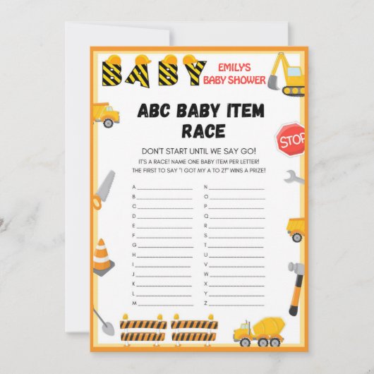 Invitation Jeu de Baby shower de construction - Nom modifiabl (Devant)