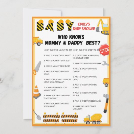Invitation Jeu de Baby shower de construction - Nom modifiabl (Devant)