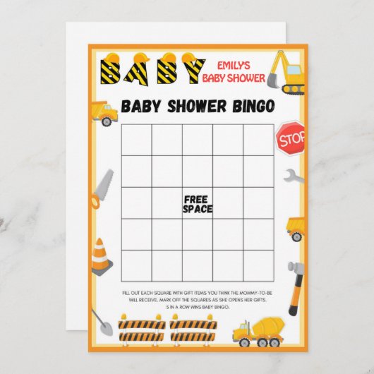 Invitation Jeu de Baby shower de construction - Nom modifiabl (Devant / Derrière)