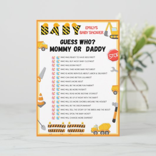 Invitation Jeu de Baby shower de construction - Nom modifiabl (Debout devant)