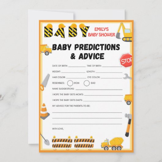 Invitation Jeu de Baby shower de construction - Nom modifiabl (Devant)