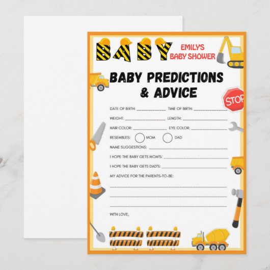 Invitation Jeu de Baby shower de construction - Nom modifiabl (Devant / Derrière)