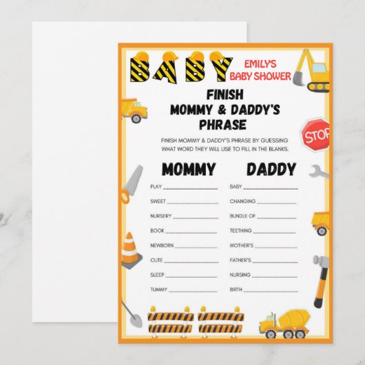 Invitation Jeu de Baby shower de construction - Nom modifiabl (Devant / Derrière)