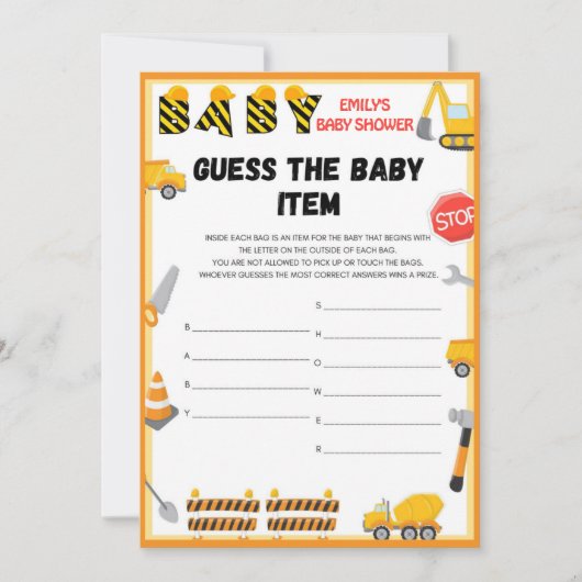 Invitation Jeu de Baby shower de construction - Nom modifiabl (Devant)