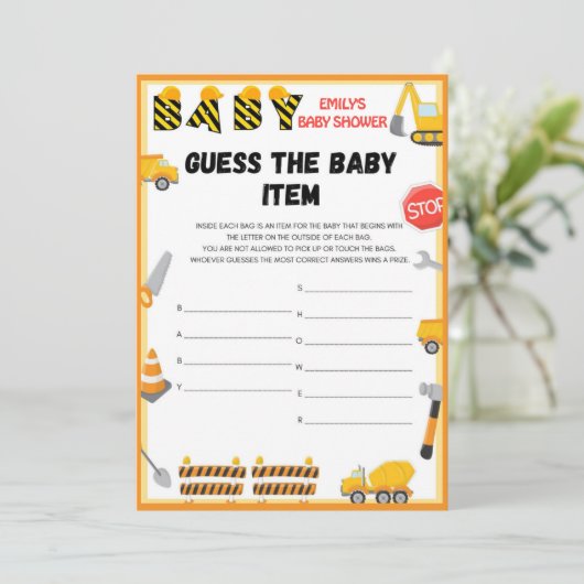 Invitation Jeu de Baby shower de construction - Nom modifiabl (Debout devant)