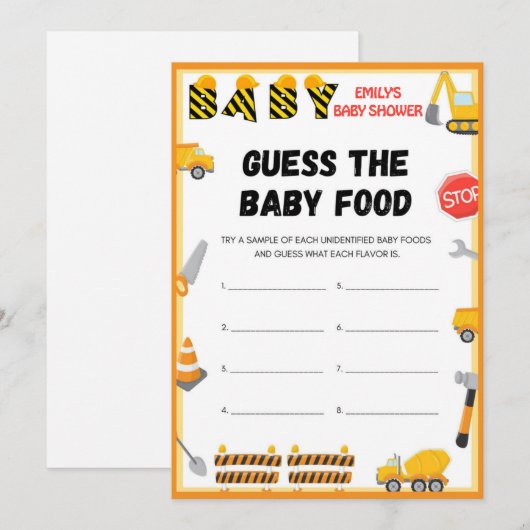 Invitation Jeu de Baby shower de construction - Nom modifiabl (Devant / Derrière)