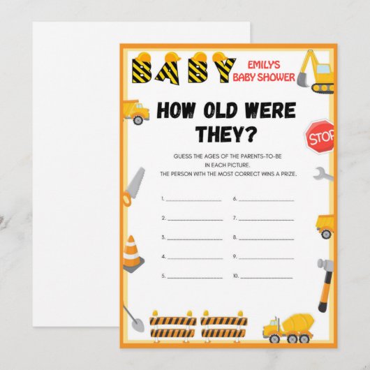 Invitation Jeu de Baby shower de construction - Nom modifiabl (Devant / Derrière)