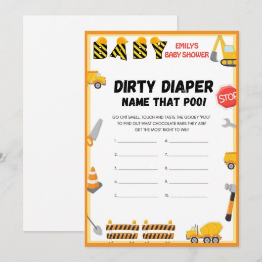 Invitation Jeu de Baby shower de construction - Nom modifiabl (Devant / Derrière)