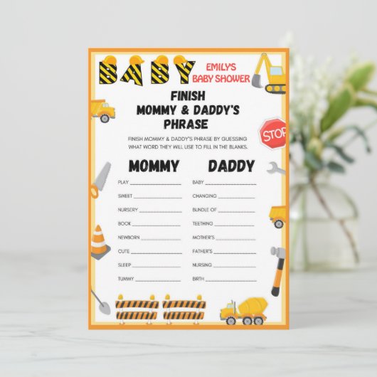 Invitation Jeu de Baby shower de construction - Nom modifiabl (Debout devant)