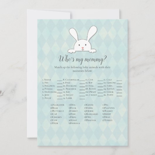Invitation Jeu de Baby Shower 'Lapin blanc qui est ma maman' (Devant)