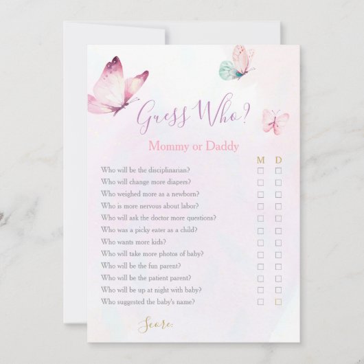 Invitation Jeu de Baby shower papillon maman ou papa (Devant)