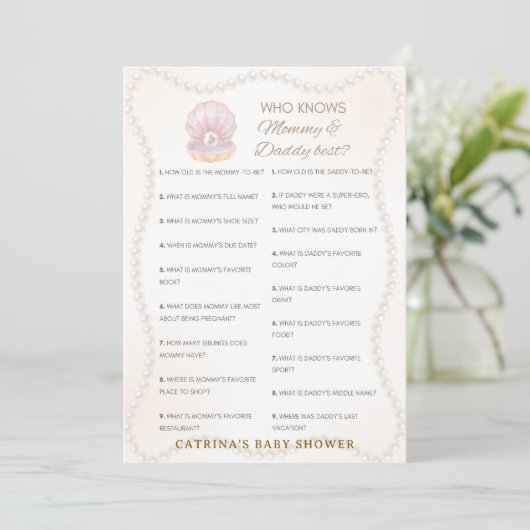 Invitation Jeu de Baby Shower Perle - Nom éditable, 5x7 (Debout devant)