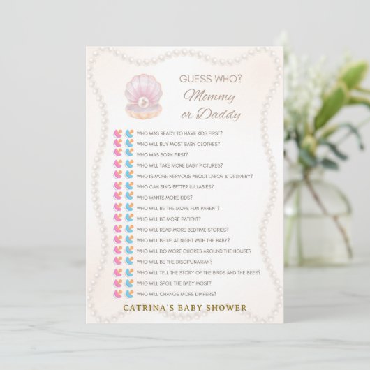 Invitation Jeu de Baby Shower Perle - Nom éditable, 5x7 (Debout devant)
