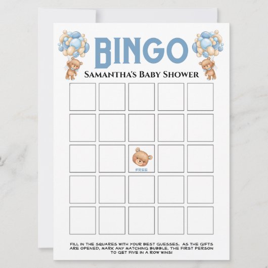 Invitation Jeu de bingo Baby Shower Teddy Boy Bubbly Bleu (Devant)