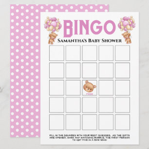 Invitation Jeu de bingo Rose Pétillant Ourson Fille Shower Bé
